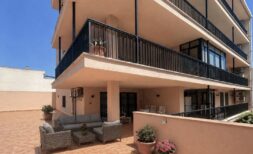 Sunny roof terrace with lounge furniture and flower pots, balcony with iron railing, apartment in Palma de Mallorca