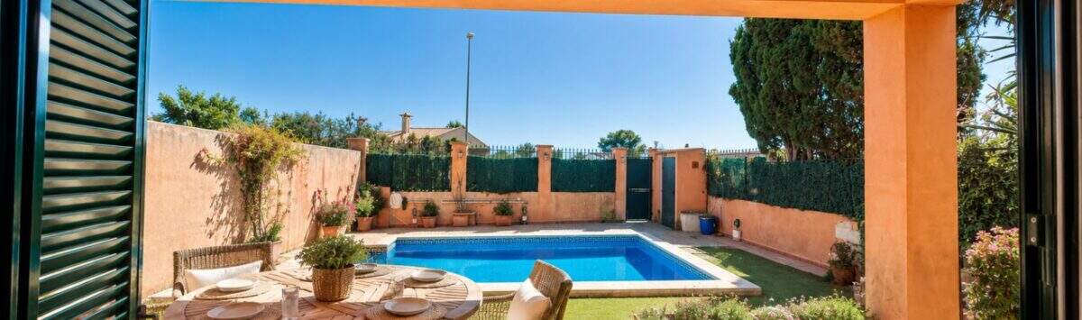 Covered terrace with direct pool access and surrounding garden area