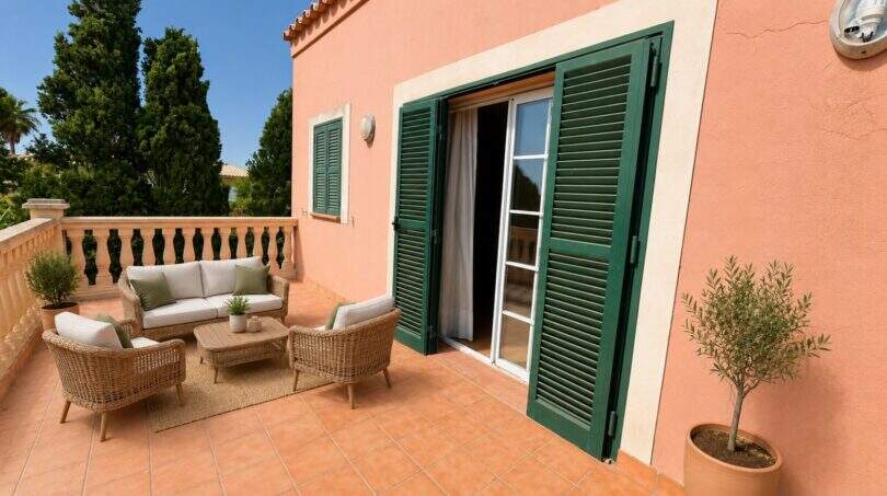 Sun terrace with French double doors and elegant balustrade