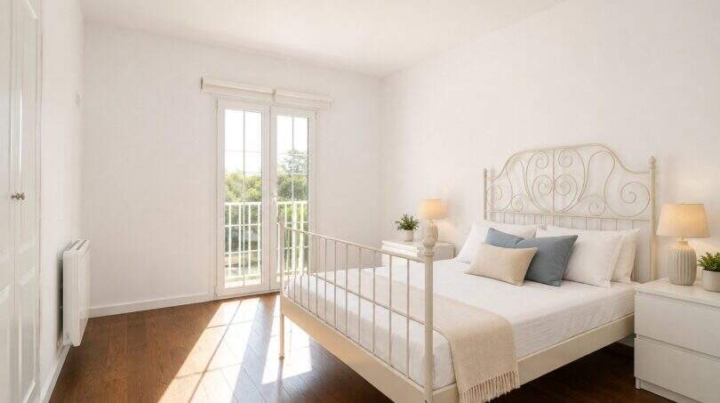 Helles Schlafzimmer mit französischen Glastüren und Balkonzugang