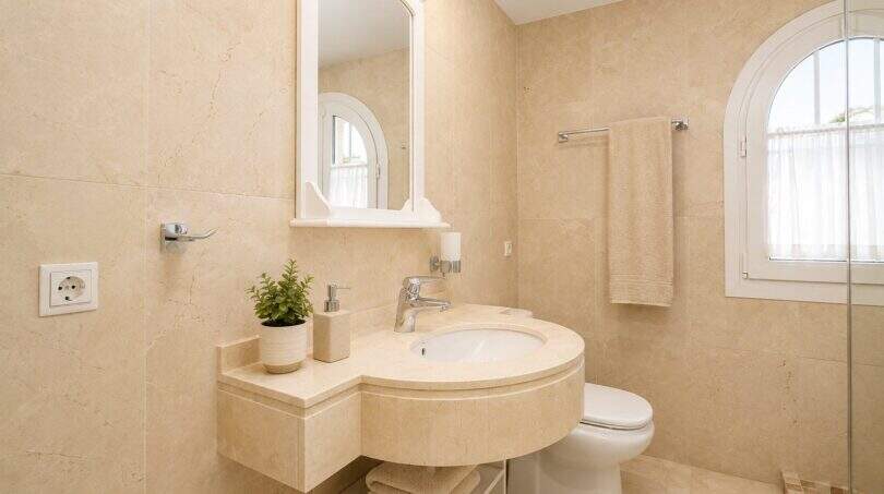 Edles Badezimmer mit Marmor-Wandverkleidung und begehbarer Dusche mit Glastür