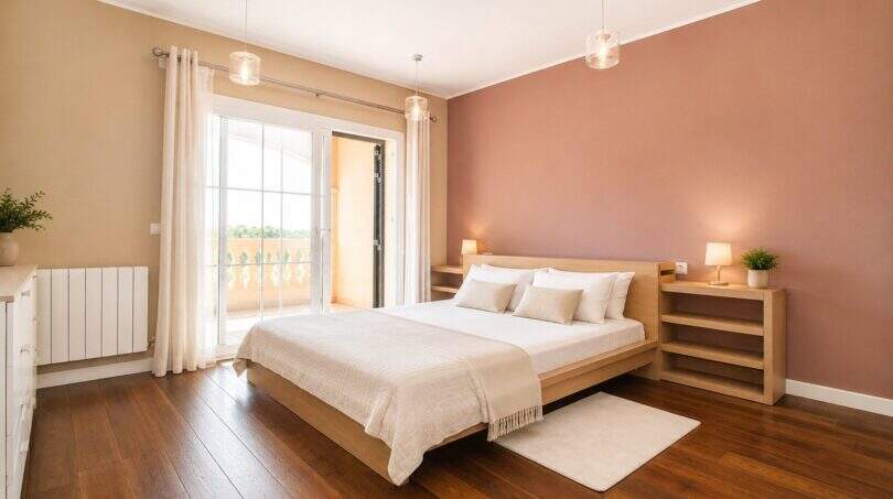 Hauptschlafzimmer mit Balkonzugang, Fußbodenheizung und eleganter Pendelleuchtenbeleuchtung
