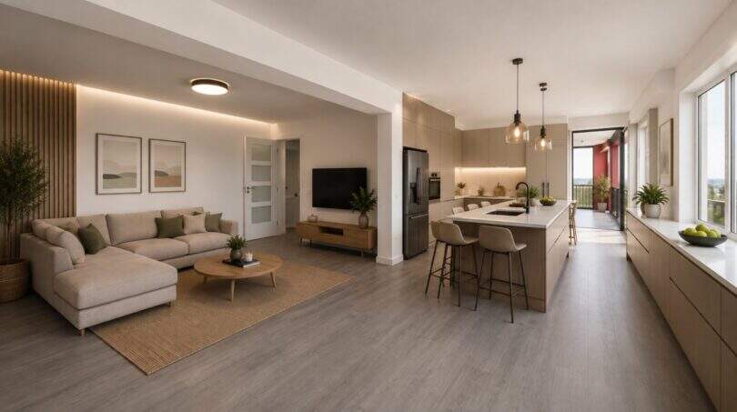 Offener Wohn-Küchenbereich der 160 m² Wohnung in S'Arenal mit modernem Design und Meerblick
