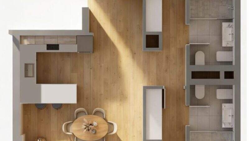 3D Floor Plan of a Modern 3-Room New Apartment in Palma with Living Area, Kitchen, and Two Bathrooms.