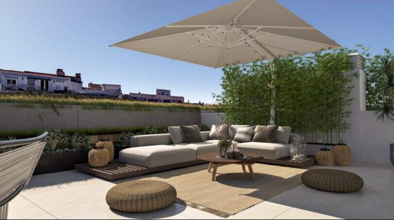 Elegant Roof Terrace with Lounge Furniture, Sunshade, and Bamboo in Palma de Mallorca