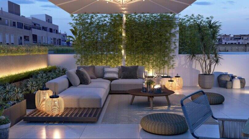 Exclusive Roof Terrace with Lounge Furniture, Bamboo Privacy Screen, and Atmospheric Lighting, New Development Project Palma de Mallorca