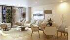 Bright living room with dining area, balcony and modern interior in the new construction project Palma de Mallorca