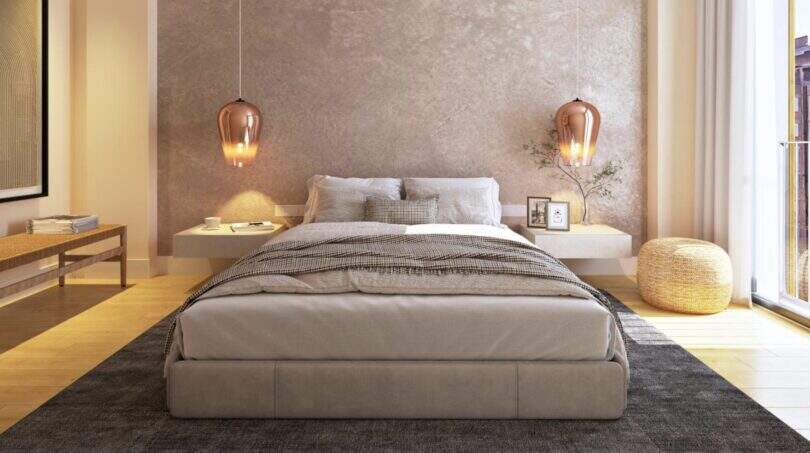 Elegant Bedroom with Double Bed, Copper Pendant Lights, and Balcony in New Construction Palma de Mallorca