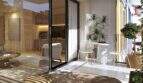 Sunny Balcony with White Furniture and Plants, View into Modern Living Room, New Development Project Palma de Mallorca