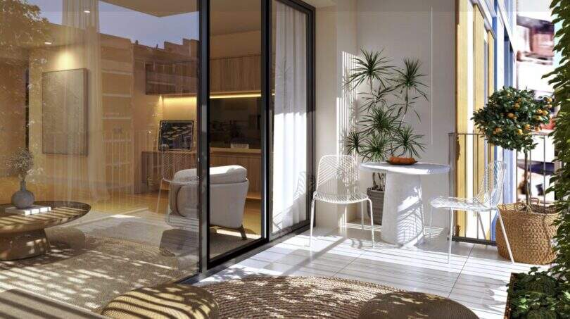 Sunny Balcony with White Furniture and Plants, View into Modern Living Room, New Development Project Palma de Mallorca