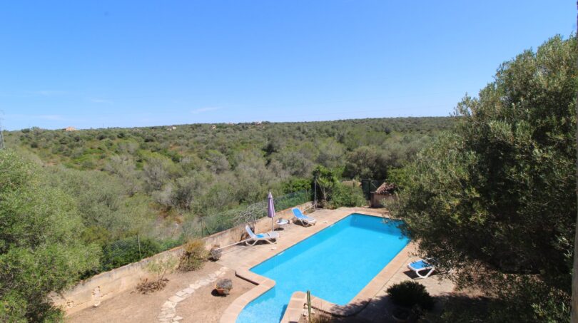 Rechteckiger Außenpool mit Liegestühlen, umgeben von mediterraner Natur, Villa Marratxí