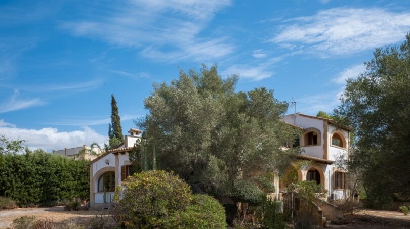 Außenansicht der Villa in Marratxí mit mediterraner Architektur, Olivenbäumen und naturbelassenem Grundstück.