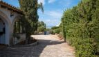 Gepflasterter Einfahrtsweg einer Villa in Marratxí mit mediterranen Zypressen und Blick auf die Landschaft.