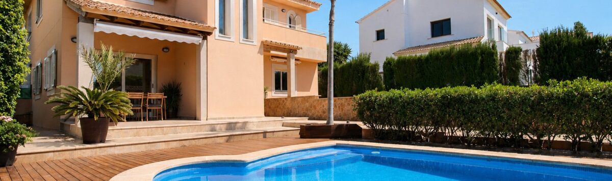Vista exterior de la villa en Llucmajor con gran piscina, terraza de madera, palmera y fachada mediterránea