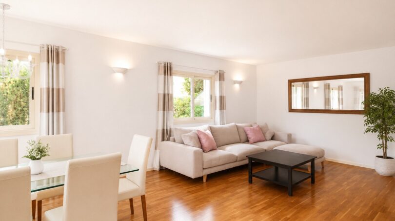 Luminoso salón de la villa en Llucmajor con suelo de madera, zona de comedor y sofá con cojines
