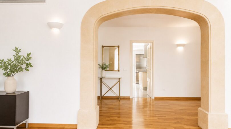 Zona de estar clara de la villa en Llucmajor con elegante arco de piedra arenisca, parquet de madera y vista a habitaciones adyacentes.