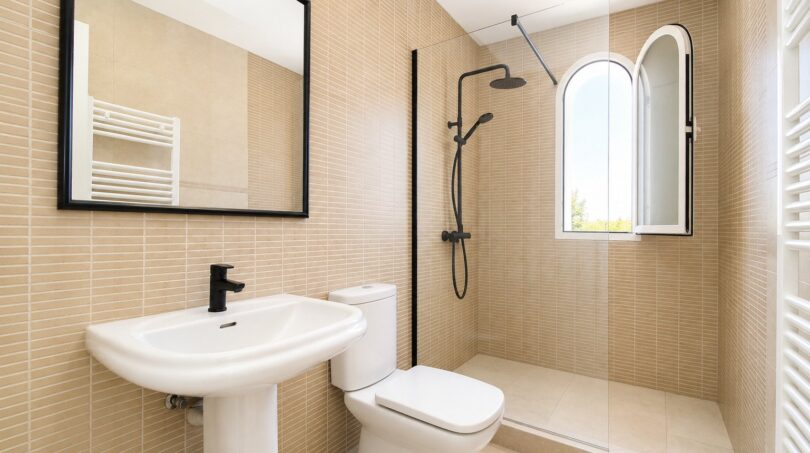 Cuarto de baño moderno de la villa en Llucmajor con azulejos beige, grifería negra, ducha tipo lluvia y ventana de arco.