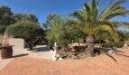 Mediterraner Garten der Finca S'Illot mit Palmen, Skulpturen, Löwenstatuen und gepflastertem Vorplatz.
