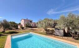 Exterior view of Mediterranean finca Algaida with pool, olive trees and pink main house under blue sky.