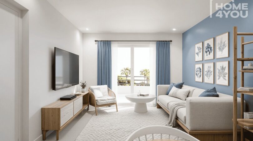 Sala de estar luminosa con pared de acento azul, sofá, TV y balcón con vista a palmeras en el Hotel-Apartment Portocolom