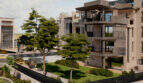 Modern residential complex in Cala Millor with balconies, well-maintained inner garden, trees and pool near the beach.