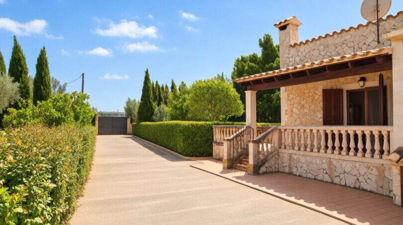 Einfahrt einer mallorquinischen Finca mit Natursteinterrasse, Balustrade und gepflegtem Grüngürtel in Palma
