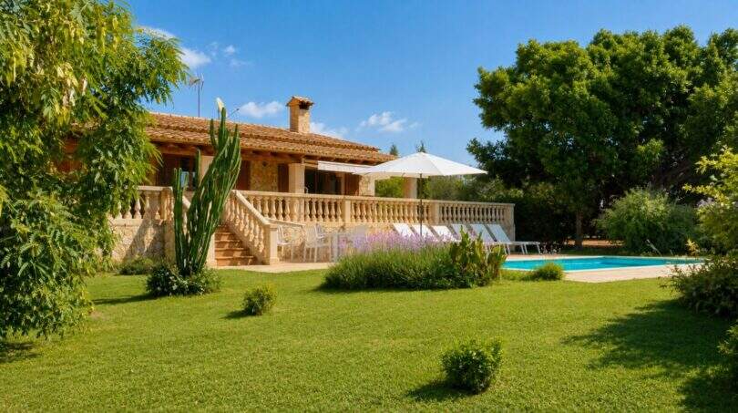Finca Palma de Mallorca: Steinvilla mit Balustrade, Pool, Liegestühlen und gepflegtem Garten mit Bäumen.