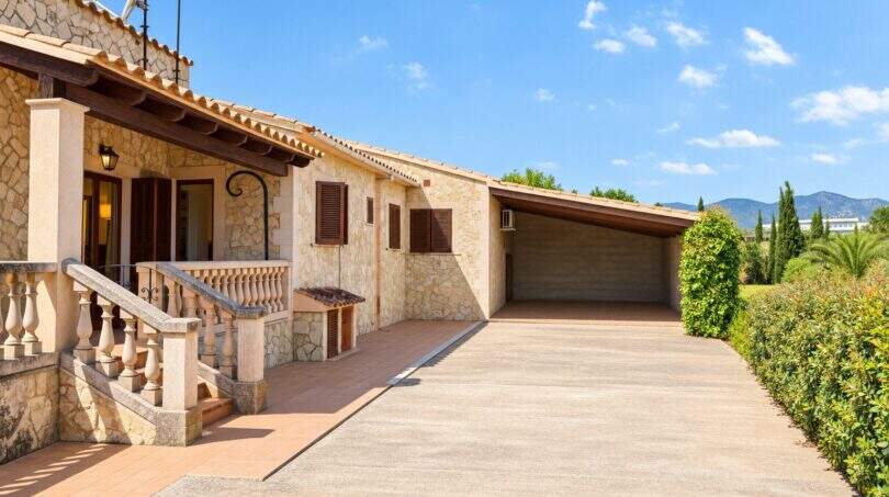 Finca Palma: Steinhaus-Außenansicht mit Carport, Terrasse, Balustrade und Bergblick bei blauem Himmel