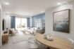 Sala de estar luminosa con comedor, acentos azules y estilo moderno en el Hotel-Apartment Portocolom