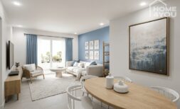 Helles Wohnzimmer mit Essbereich, blauen Akzenten und modernem Stil im Hotel-Apartment Portocolom