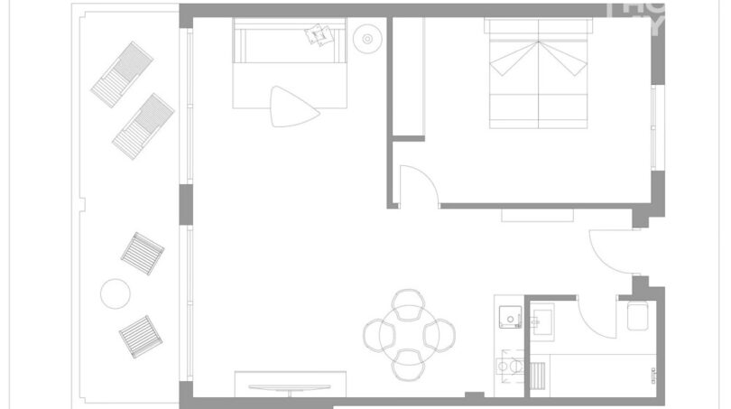 Plano de planta del apartahotel Portocolom, 49 m², 1 dormitorio, área de estar, cocina, baño, terraza