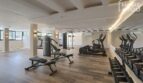 Gimnasio moderno con máquinas de cardio, mancuernas y estación de fuerza en el complejo apartahotel en Portocolom
