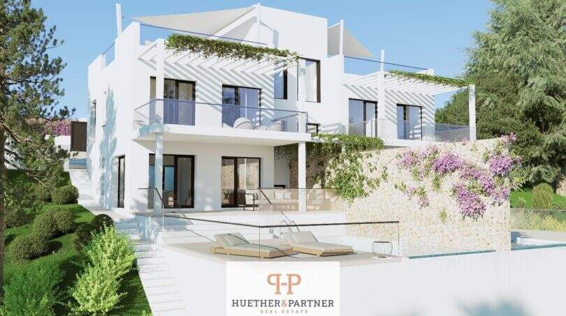 Moderne Neubau-Doppelhaushälfte in Cala d'Or mit Pool, Terrasse und üppiger Begrünung – Außenansicht