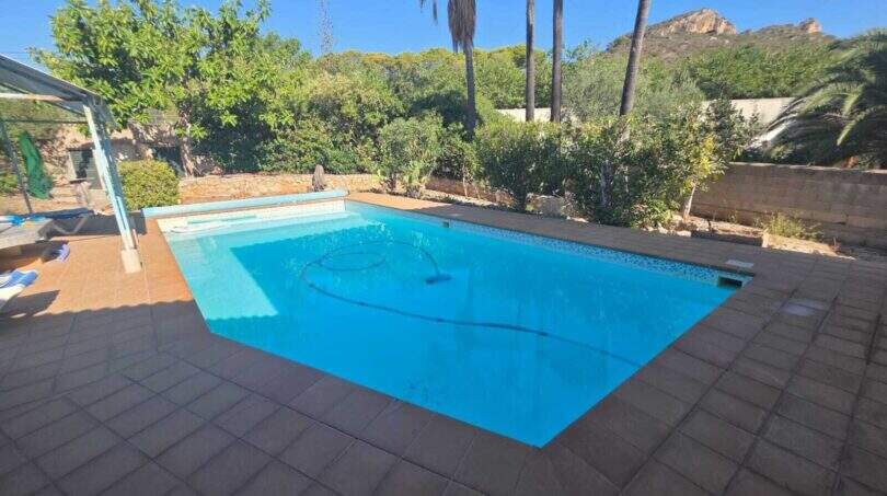 Private pool with blue water, palms and mountain panorama of the finca in Cala Millor