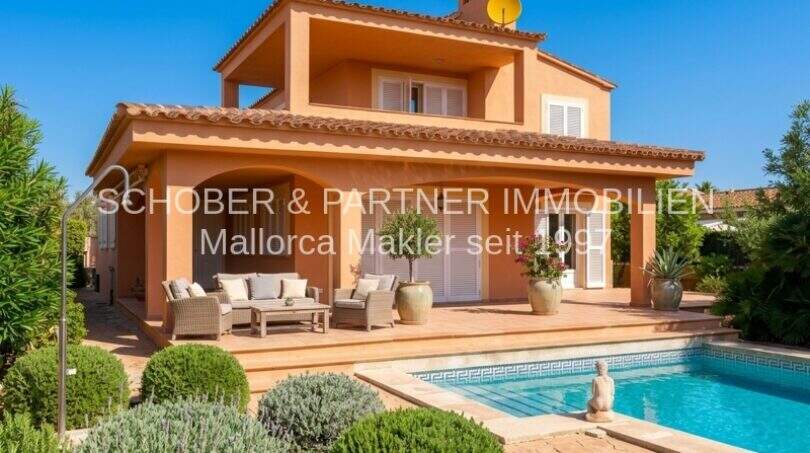 Außenansicht Villa Sa Coma mit Pool, Terrasse, Loungemöbeln und mediterranem Garten unter blauem Himmel.
