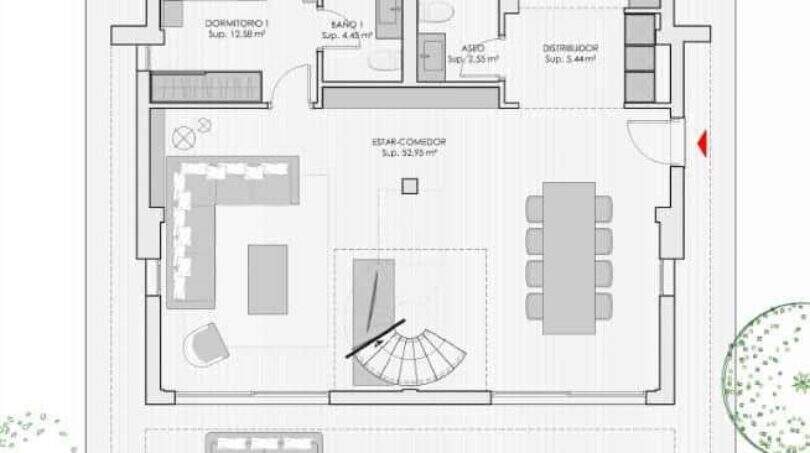 Planta baja de la villa nueva en Cala Romántica con salón, cocina, baño y pérgola.