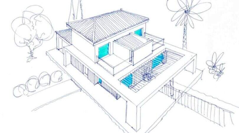 Boceto arquitectónico de una villa nueva moderna en Cala Romántica con piscina y terraza, vista isométrica.