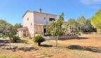 Mediterrane Finca bei Algaida mit rosa Fassade, Terrakotta-Dach und gepflegtem Garten mit Palmen und Obstbaum.