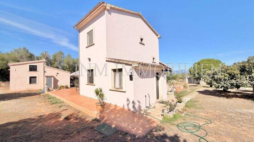 Außenansicht der mediterranen Finca bei Algaida mit Gästehaus, Terrasse und weitläufigem Grundstück unter blauem Himmel.