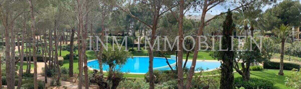 Vista de la piscina comunitaria ovalada del complejo Es-Pinar en Bendinat, rodeada de pinos y áreas verdes bien cuidadas.