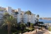 Außenansicht Apartment Palmanova: weiße Mehrfamilienhäuser mit Palmen, Meerblick und Hafen bei blauem Himmel.