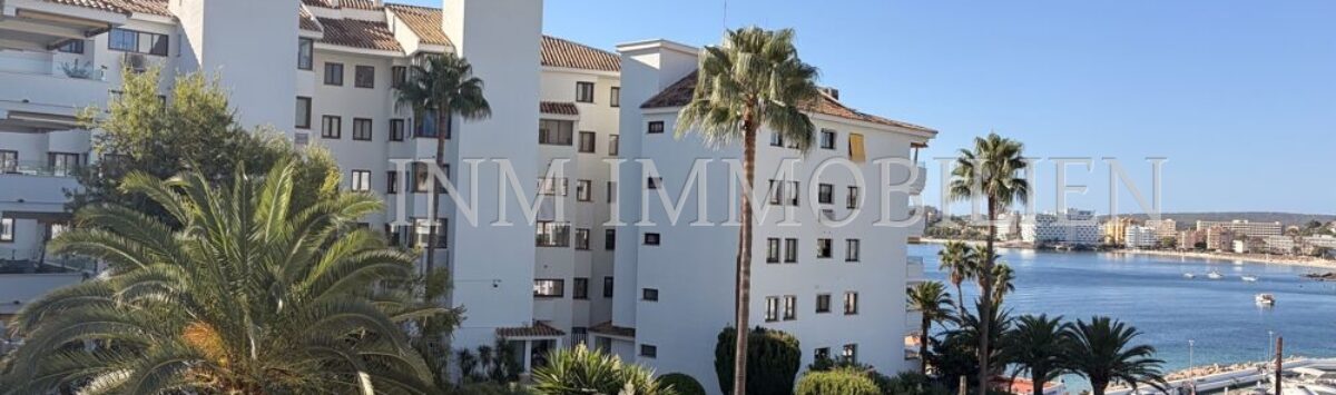 Außenansicht Apartment Palmanova: weiße Mehrfamilienhäuser mit Palmen, Meerblick und Hafen bei blauem Himmel.