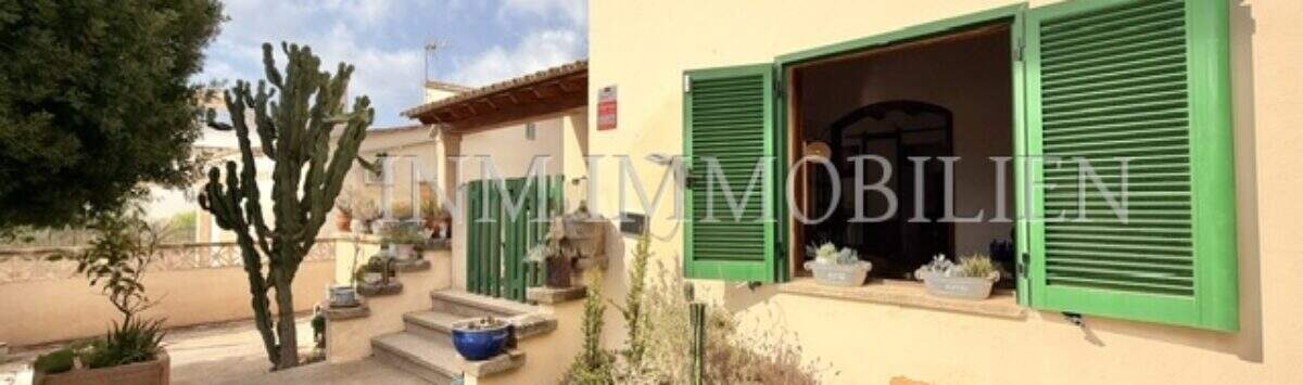 Área exterior de la casa mediterránea en Sa Ràpita con contraventanas verdes, cactus y terraza adoquinada.
