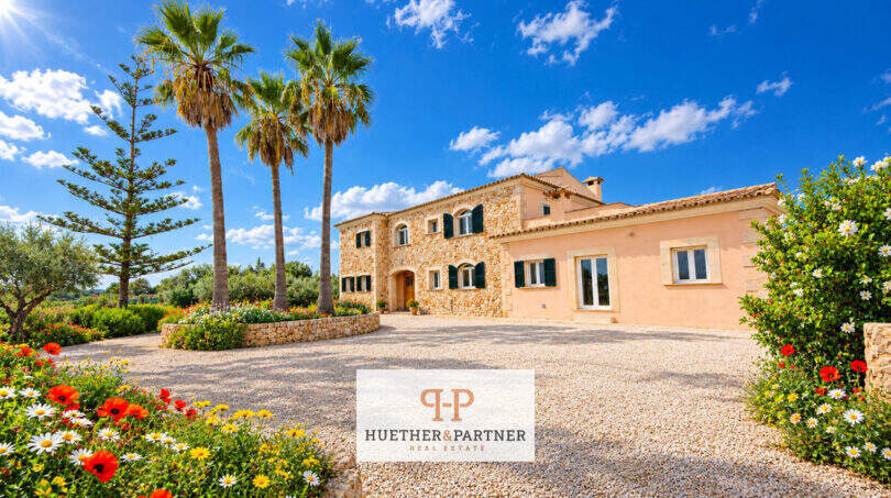 Außenansicht Finca Santa Maria: mediterrane Naturstein-Villa mit Palmen, Kieselweg und blühendem Garten nahe Palma.