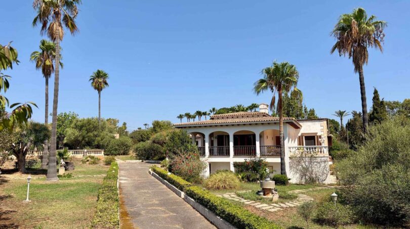 Außenansicht der Retro-Villa in Porto Cristo mit geschwungener Einfahrt, Palmen und mediterraner Fassade.