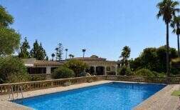 Außenpool der Retro-Villa in Porto Cristo mit mediterraner Balustrade und Palmen unter blauem Himmel.