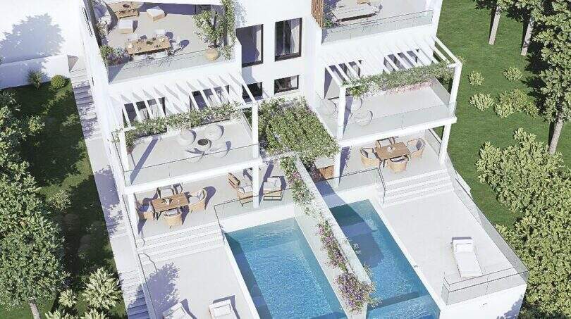 Luftansicht Neubau-Doppelhaushälfte Cala d'Or mit privatem Pool, Terrassen & Dachterrasse, nahe Marina