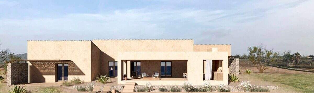 Moderne Neubaufinca in Petra mit Pool, Terrasse und mediterraner Bepflanzung auf weitläufigem Grundstück.