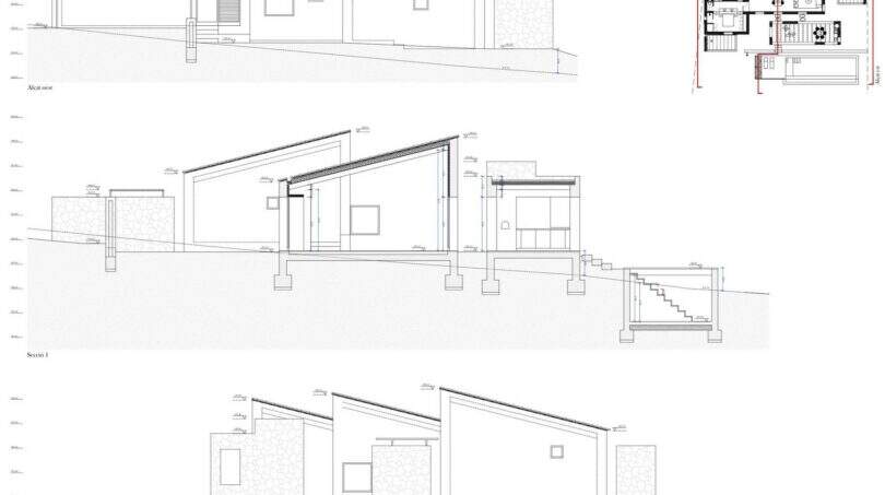 Architekturpläne der Neubaufinca in Petra: Grundriss, Schnitte und Ansichten des modernen Einfamilienhauses.