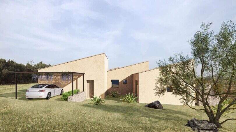 Neubaufinca Petra: Modernes Landhaus mit Carport, Olivenbaum und mediterraner Gartenanlage in naturnaher Umgebung